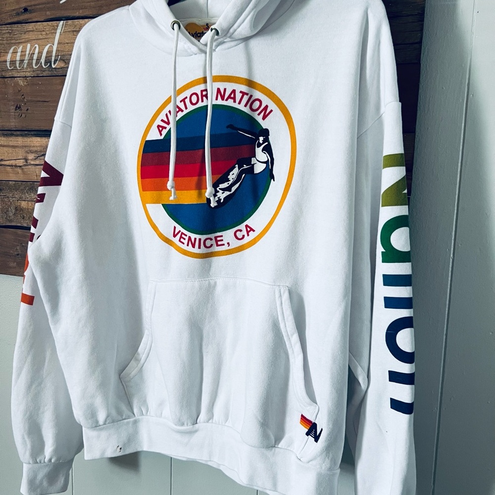 Aviator Nation White Hoodie with Multicolor Logo